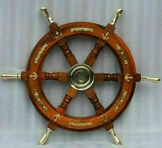 Nautical Wooden Ship Steering Wheel 18&quot; Pirate Decor Item Brass Handle +... - £86.61 GBP