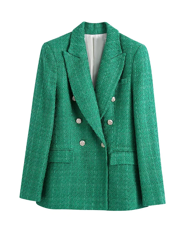 Women Tweed Plaid Blazer Jacket Green Coat Office Lady Vintage Outerwear Chic Pi - £117.11 GBP