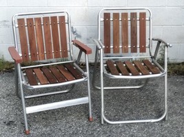 Vintage Sun Terrace Redwood Cedar Slat Aluminum Folding Lawn Chairs Made In USA - £148.78 GBP