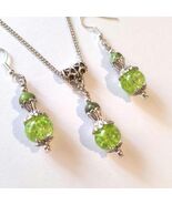 Emerald green Silver jewelry set Zoisite with Ruby necklace earrings Vic... - $73.24 CAD