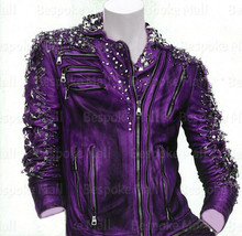 New Womens Handmade Purple Silver Studded Top Quality Cowhide Leather Jacket-873 - £343.71 GBP