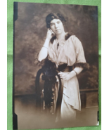 Vintage Photograph Young Lady Wearing a Fur Trimmed Dress Standing by Ch... - £7.82 GBP