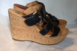 Born Sandals Black Leather Strappy Buckle Cork Wedge 4&quot; Heels Womens US Size 8 - £18.48 GBP