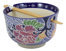 Blue Floral Breeze Ramen Noodles Large 6.25&quot;D Pho Soup Bowl With Chopsticks Set - £17.39 GBP