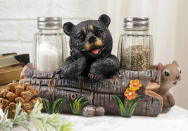 Baby Bear Cub Sitting In Log With Squirrel Salt And Pepper Shakers Holder Statue - £20.87 GBP