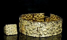 Chunky Mens 2pc Nugget Design Bracelet Ring Set 14k Gold Plated Hip Hop Jewelry - £11.25 GBP
