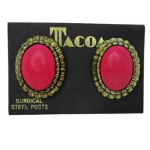 Vintage 80&#39;s NOS Tacoa Pink Gold Tone Oval Statement Pierced Stud Earrings - £13.21 GBP