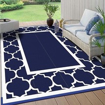 Navy White Bordered RV Mat Reversible Rug 8 x 10 ft Foldable Outdoor Patio Stake - $214.32