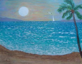 Original Sunset Ocean Beach Seascape Painting Palm Tree Sailboat Impressionism - £14.54 GBP