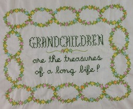 Family Tree Embroidery Finished Linen Grandchild Floral Tree of Life Gold Vtg - £13.54 GBP