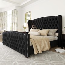 Queen Size Platform Bed Frame with Deep Button Tufted &amp; Nailhead Trim Wingback - £259.02 GBP
