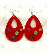 Red Oval Resin Sparkle & Glitter Teardrop Shaped Lightweight Dangle Earrings - $199.76 MXN