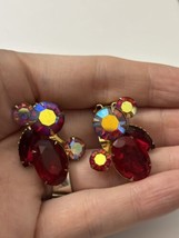 Vintage 1960s Celebrity Red AB Rhinestone Earrings Clip On RARE - $27.00