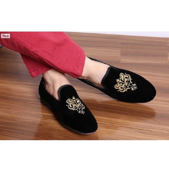 NEW Handmade Black Loafers Shoe,Men's Embroidered Designer Shoe, Velvet Slip On