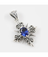 Royal Cross Fleur-de-lis Design Sterling Silver Pendant w/Blue Zircon GI... - $207.39