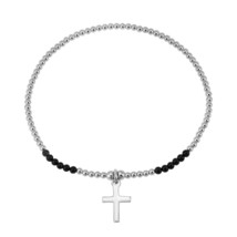 Meaningful Faith Cross Black Onyx Charm Sterling Silver Beaded Bracelet - £16.09 GBP
