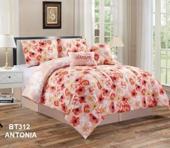 Antonia Flowers Peach Decorative Reversible Comforter Set 5 Pcs Queen Size - £55.18 GBP