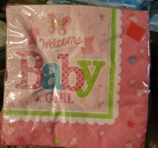&quot;Welcome Baby Girl!&quot; Baby Shower - Pink Butterflies - 16 Count Luncheon Napkins - £2.36 GBP