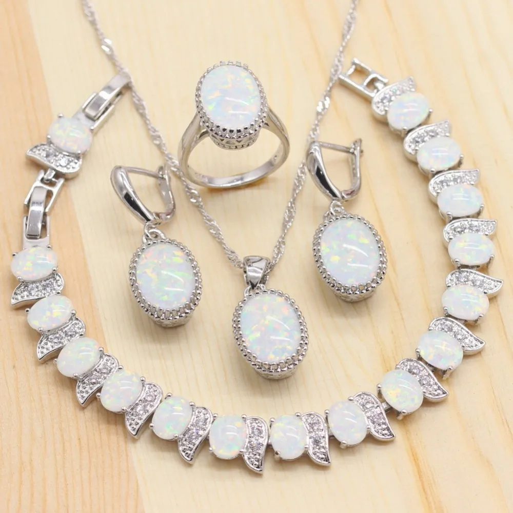 Classic Women Sliver Color Jewelry Sets White Opal Necklace Pendant  Ear... - £53.36 GBP