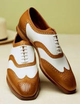 Handmade Men Wing Tip White Brown Leather Shoes Brogue Toe Oxford Classi... - £127.40 GBP