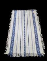 Vintage Hand Woven Folk Art Hungarian Table Cloth Fringe White Blue Stripe 77x46 - £67.26 GBP