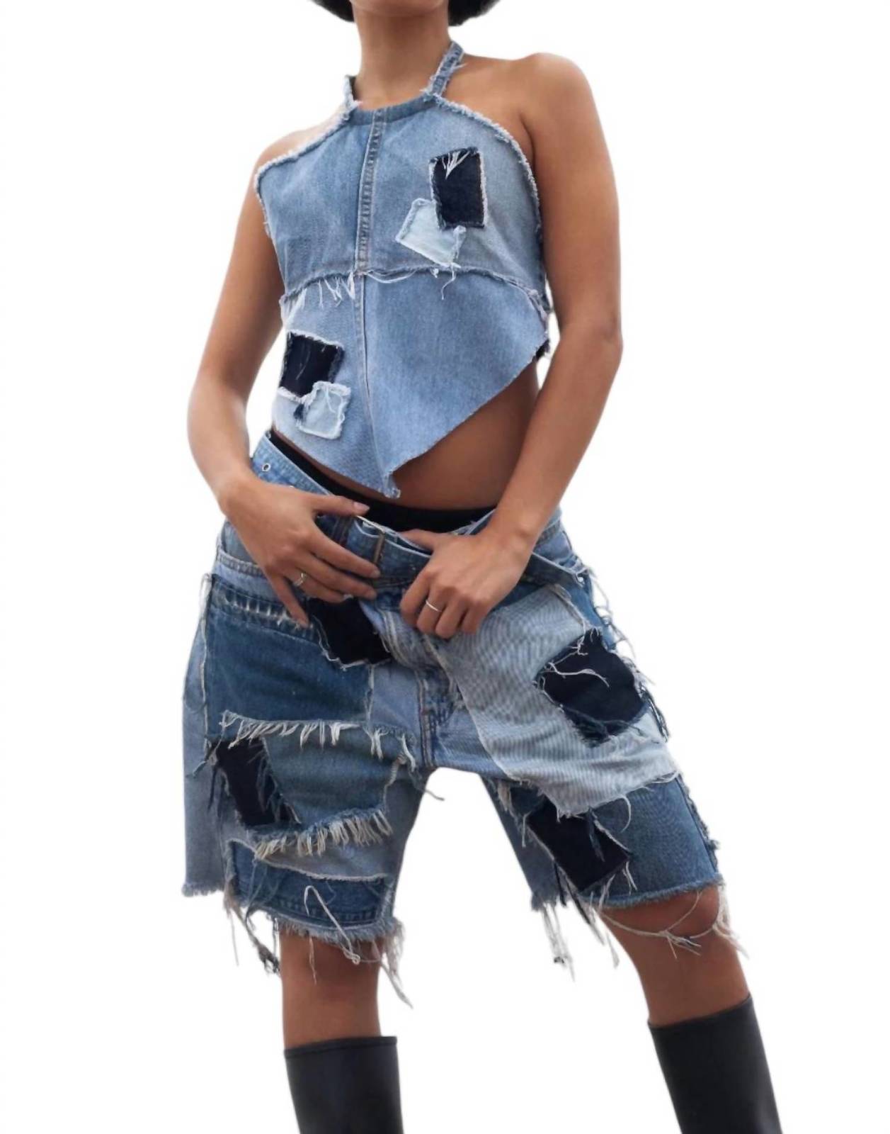 Knotwtr patch denim shorts in Blue