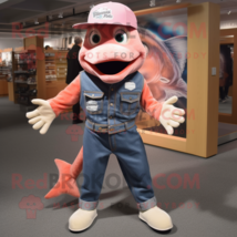 Pink Salmon mascot costume character dressed with a Bootcut Jeans and Hat pins - £909.60 GBP