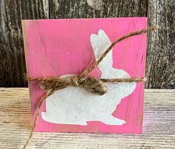 1 Pcs White Bunny Tiered Pink Square Tray Rustic Wood Mini Sign #MNHS - $9.98