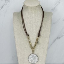 Chico&#39;s Gold Tone with Brown Cord Hammered Metal Silver Tone Pendant Necklace - £15.56 GBP