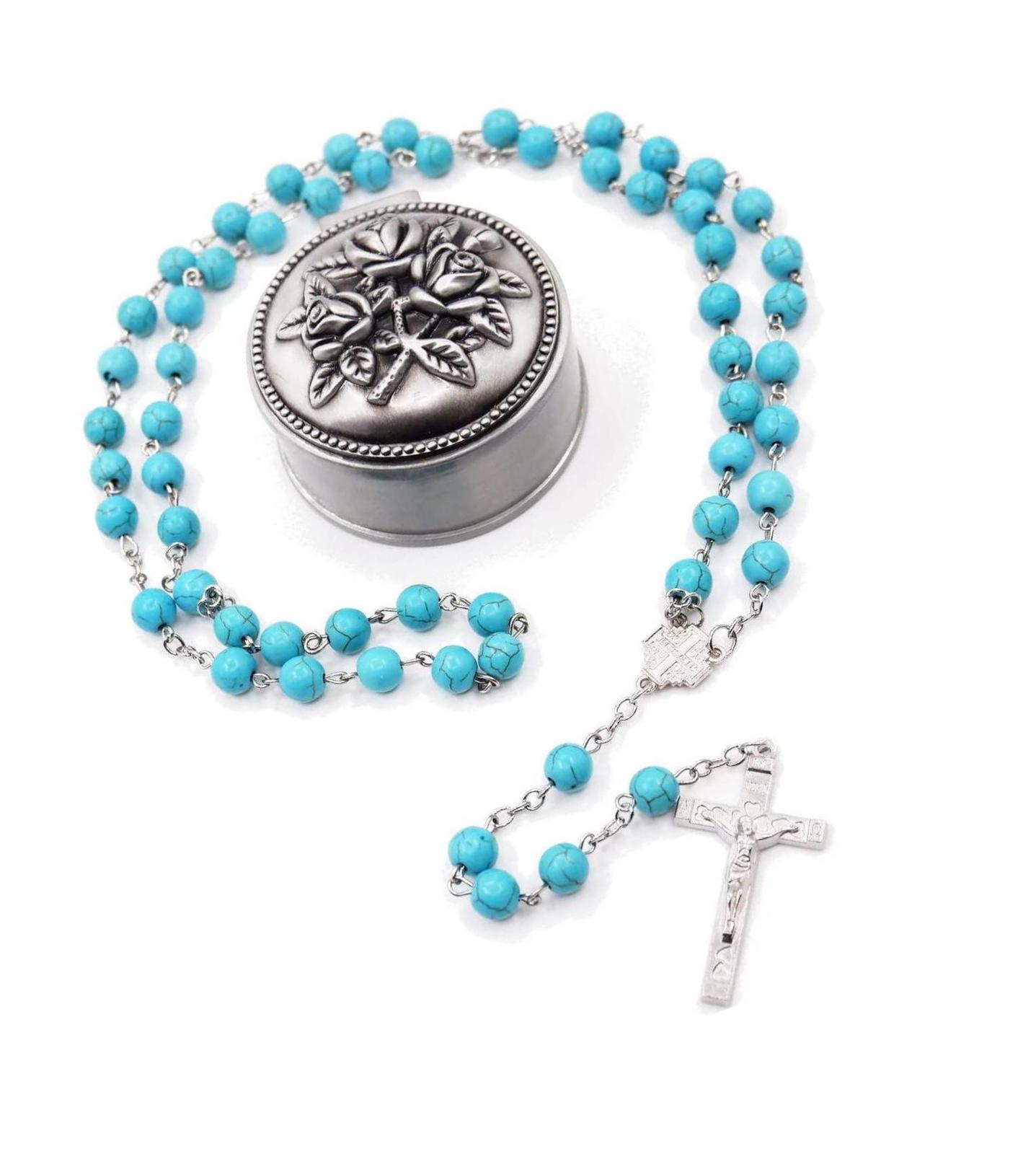 Primary image for 8mm Turquoise Necklace Rosary Beads Catholic for