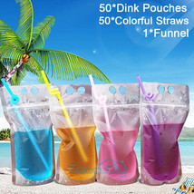 100Pcs (Drink Pouches Bags + Straws ) Stand-Up Zipper For Cold &amp; Hot Drinks - £23.47 GBP