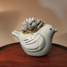 Bird Planter with Faux Succulent, Seafoam Green Pot with Artificial Fake Plant image 2