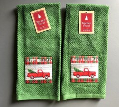 Red Farm Truck Christmas Dish Towels 100% Cotton 15x25&quot; Happy Holidays Set of 2 - £19.48 GBP