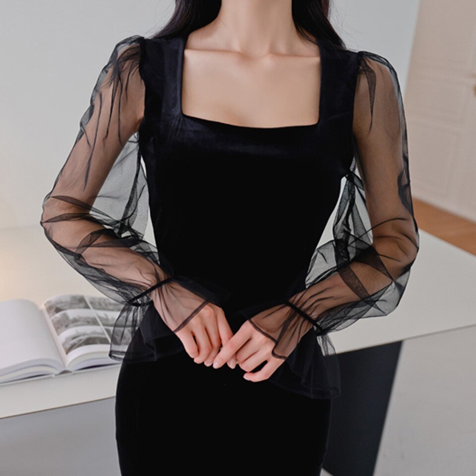 Spring Square Collar Mesh Puff Sleeve High Waist Vintage Black Velvet Dress Item image 4