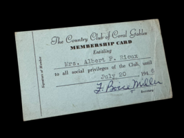 Country Coral Gables Club Card 1946 Miami Vintage Membership - $9.00