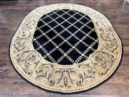 Oval Tibetan Rug 8x10 French Aubusson Wool Handmade Vintage Carpet Black Beige - £1,531.64 GBP