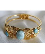 Vintage Gold Cuff Bracelet with Beautiful Turquoise Settings - £15.72 GBP