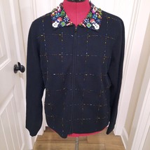 Marisa Christina Christmas sweater women sz LARGE L cardigan beaded collar black - £61.35 GBP