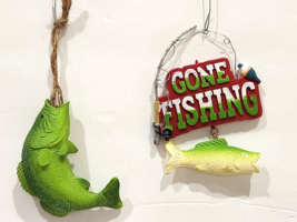 2pc Christmas Coastal Fish GONE FISHING Tree Ornaments - £17.80 GBP