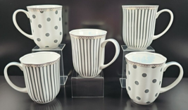5 Grace&#39;s Teaware Scallop Navy Mugs Mix Set Polka Dots Striped Gold Trim Cup Lot - £45.14 GBP