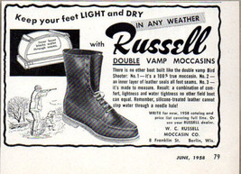 1958 Vintage Ad Russell Double Vamp Moccasins Hunting Boots Berlin,WI - £7.31 GBP