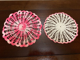 Vintage Lot Of 2 Handmade Crocheted Doily Pink And White Doilies ￼ - £11.93 GBP