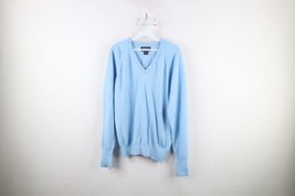 Vintage 70s Streetwear Mens Small Blank Knit V-Neck Sweater Carolina Blue USA - £35.00 GBP