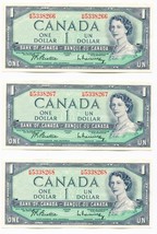 1954 Bank of Canada Run of 3 Consecutive $1.00 One Dollar Notes K/M5338266/67/68 - £8.59 GBP