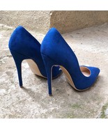 Royal Blue Women Classic Suede High Heels Vegan Elegant Ladies Pointed T... - £58.25 GBP