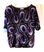 Iris Women&#39;s Blouse Multicolor Short Sleeve, Sequin Beaded Evening L/XL - $59.39