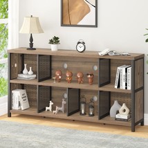 Lvb Industrial Horizontal Bookshelf, Rustic Low Long Wood Metal Office Cubby - £236.90 GBP