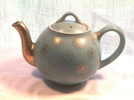Vintage Hall Gold Label Blue Turquoise French Daisy Flower Teapot Tea Pot MCM - £32.17 GBP