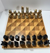 Vintage Hand Carved Onyx-Marble &amp; Black Obsidian Chess Set W Wood Table - £30.76 GBP