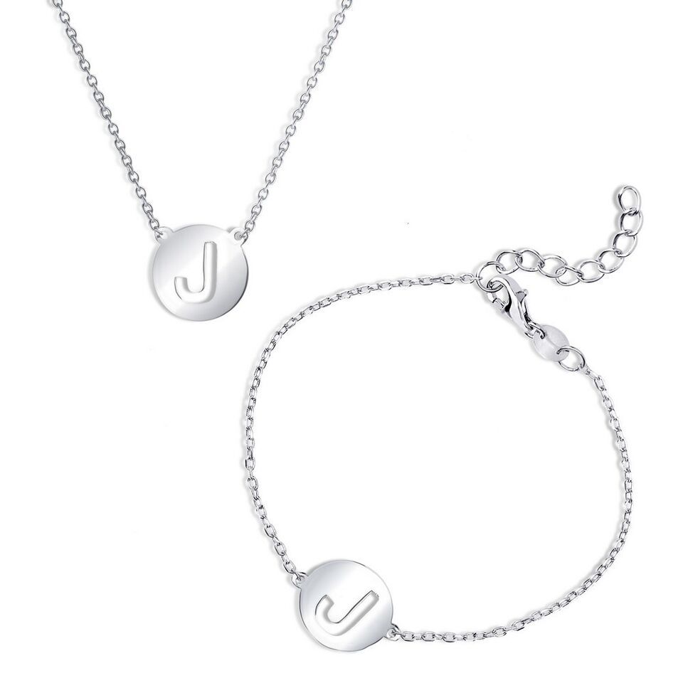 Primary image for Sterling Silver Cut-Out Shiny 'J' Disc Initial Bracelet & Necklace Set